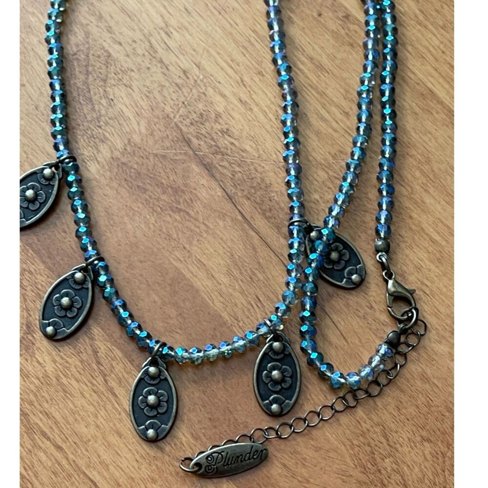 Plunder Teal Blue Crystal Bead & Petite Flower Boho 28" Long Necklace